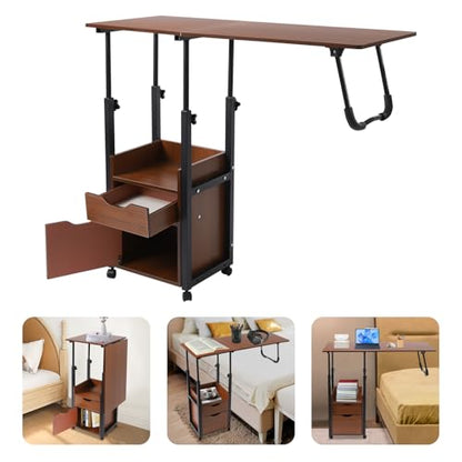 Overbed Table with Wheels, Movable Bedside Table Height Adjustable Over Bed Desk Foldable Rolling Laptop Desk with Drawers for Home & Hospital Use (Black+ Oak Color) - color: Black+ Oak Color