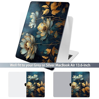 Batianda LumiArt Case for MacBook Air 13.6" M2-M5 Chip, Blue Gold Lotus | 4-in-1 set with soft blue gold lotus flowers design, lightweight slim hard shell protection for women, artists office users - color: Blooming Flowers