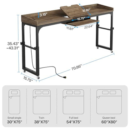 Tribesigns Height Adjustable Overbed Table with Wheels, Queen Size Over Bed Desk with Adjustable Tilt Stand, Mobile Laptop Cart Computer Desk with Outlets & USB Ports (Dark Gray) - color: Dark Gray