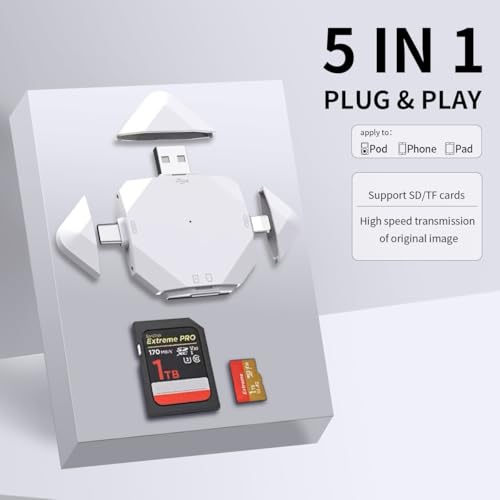 New SD Card Reader for iPhone/ipad/Android/Mac/Computer/Camera,5 in1 Micro SD Card Reader Trail Camera Viewer, Portable Memory Card Reader SD Card Adapter for SD and TF Cards