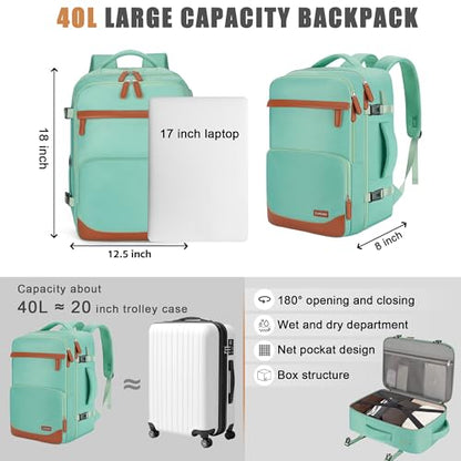 40L Travel Backpack, Flight Approved Carry On Laptop Backpack | Water-resistant, Personal Item Travel Bag, Fits 15.6/17.3 inch Laptop, Hiking, Camping, Business, Commute, Men & Women - color: Green, size: Large