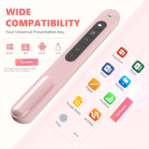 Presentation Clicker for Powerpoint Presentations, Pink, A | Long-Range Wireless Presenter Remote, Magnetic USB Receiver, PowerPoint Clicker Compatible with Windows/Android/macOS/Linux - color: Pink