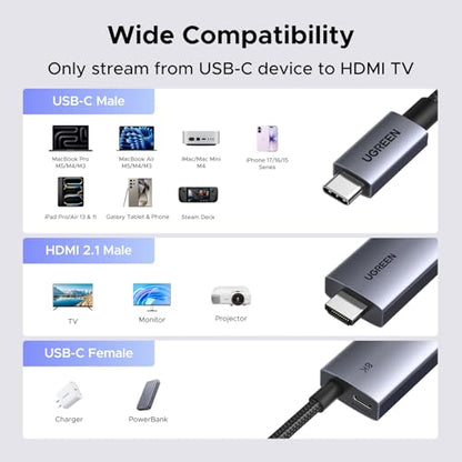 UGREEN USB C to HDMI Cable with 140W PD Fast Charging 8K@60Hz, 6.6FT | 4K@240Hz,Unidirectional,Plug & Play,Compatible iPhone 17 Pro Max SteamDeck MacBook iPad Galaxy S26 XPS for Gaming TV Monitor
