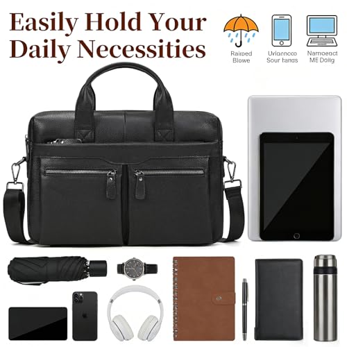 Leather Laptop Bag for Men Briefcase Fits 15.6 Inch Notebook Portable Shoulder Messenger Crossbody Bag for Travel Office - color: 18black Fit 15.6inch