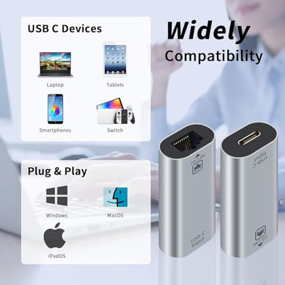 USB C to RJ45 Ethernet Adapter Gigabit, RJ45 Female to USB C Female, Up to 1000/100/10Mbps Ethernet LAN Network Adapter Compatible for iPad, MacBook Pro