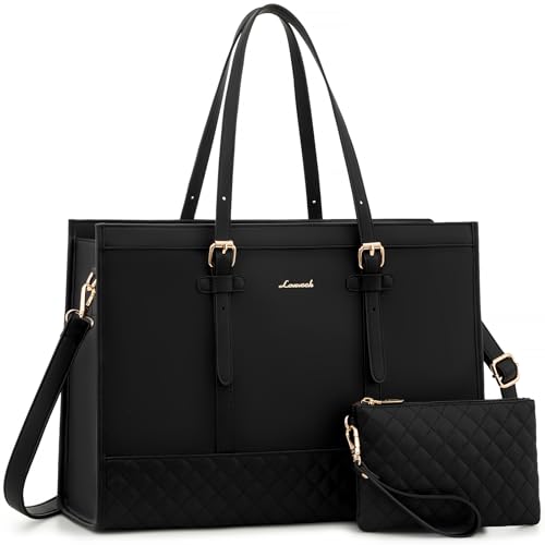 LOVEVOOK Laptop Tote for Women, 17.3 inch Waterproof PU Leather Computer Bag, Large Capacity Work Tote, Black - color: Black, size: 17.3 inch