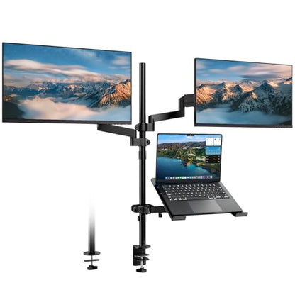 Dual Monitor and Laptop Mount Stand, Fits 32" Screens & 17" Laptops | 19.8 lbs per Arm,Fits 10-17" Laptops,Extra Long Pole,Full Motion & Height Adjustable, C-clamp Desk Mounting
