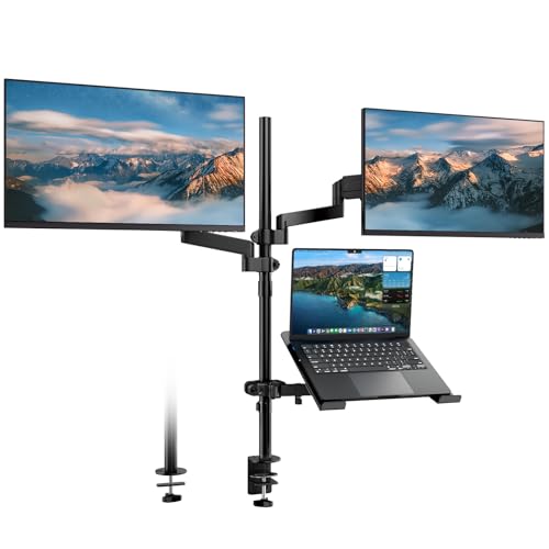 Dual Monitor and Laptop Mount Stand, Fits 32" Screens & 17" Laptops | 19.8 lbs per Arm,Fits 10-17" Laptops,Extra Long Pole,Full Motion & Height Adjustable, C-clamp Desk Mounting