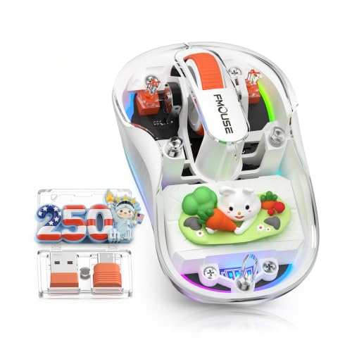 FMOUSE Transparent Wireless Mouse, 2 Cute 2026 Figurines, Tri-Mode, White | Rechargeable | USB-A & USB-C Receivers for Mac, iPad, Laptop | 2.4G & Dual Bluetooth | Silent Clicks | RGB | Portable - color: White