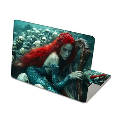 Aesthetic Laptop Skin Sticker, Red Haired Mermaid with Harp and Skulls Waterproof Vinyl Laptop Decal, Removable Bubble Free, Reusable Protective Cover for 13 14 15 15.6 Inch - color: Red Haired Mermaid with Harp and Skulls