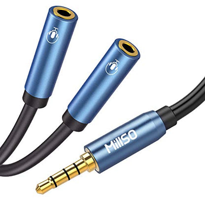 Headset Splitter for 2 TRRS Headphone or Mic 3 FT 3.5mm Jack Adapter | Sapphire Blue, Metal Shell, 3.5mm Jack Adapter TRRS 4-Pole Headphone Splitter Male to 2 Female Adapter for Smartphone, Laptop - size: 3 Feet - Standard