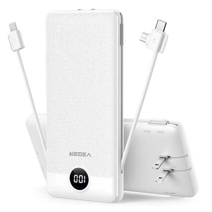 VEGER Portable Charger with Built-in AC Plug and Cables, All in One 10000mAh Ultra Slim Power Bank Travel Essentials, USB C External Battery Pack Compatible with iPhone, Samsung, More, White - color: B White