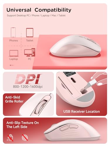 RAPIQUE Bluetooth Wireless Mouse, Dual Bluetooth & 2.4G USB Receiver, Pink | Right-Hand Ergonomic Grip, Quiet Clicks, Low Power - Multi-Device Compatibility for MacBook, Laptop, Computer, iPad Air/Pro - color: Pink