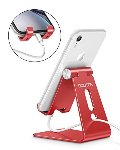 OMOTON C2 Adjustable Aluminum Cell Phone Stand with Charging Cutout, Red | Sturdy 3mm Aluminum, Charging Port, 270° Adjustable, Non-Slip Silicone Pads, Works with Thick Cases, for All Smartphones - color: Red