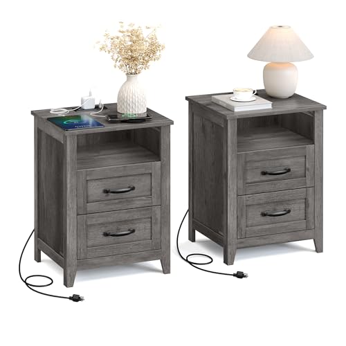 VASAGLE LIRY Collection - Farmhouse Nightstands with Charging Station, Set of 2 Bedside Tables, Side Tables with 2 Drawers, Open Compartment, for Bedroom, Misty Gray ULET869G01 - color: Misty Gray, size: 2 PACK, style: 17.7"W x 23.6"H With 2 Drawers
