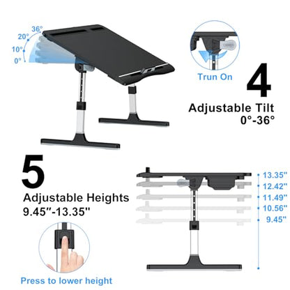 Laptop Bed Desk, X-Large Leather Adjustable Computer Bed Table Tray, Foldable Laptop Lap Desk for Bed Sofa Couch Floor Writing Eating Working with Drawer 2 Movable Stoppers (23.6 inch, Black) - color: Black