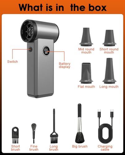 Compressed Air Duster, 180000 RPM Turbo Dust Blower, 45W Charge | SuperPower Mini Cordless Electric Air Duster, 8000mAh, 4 Adjustable Speeds, Keyboard/PC/Car Cleaner, Replace air can - color: Silver Gray