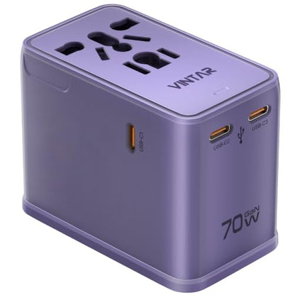 VINTAR 70W GaN Universal Travel Adapter, 5 in 1 with 3 USB-C PD& 1 USB-A QC | International Power Adapter with 70W GaN Fast Charging, All-in-one for EU UK USA AUS, Worldwide Travel Essentials, Purple - color: 70W Purple