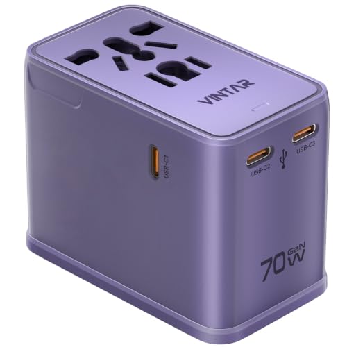 VINTAR 70W GaN Universal Travel Adapter, 5 in 1 with 3 USB-C PD& 1 USB-A QC | International Power Adapter with 70W GaN Fast Charging, All-in-one for EU UK USA AUS, Worldwide Travel Essentials, Purple - color: 70W Purple
