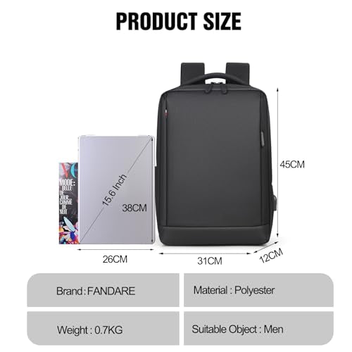 FANDARE 15.6 inch Business Laptop Rucksack Bag with USB Charging Port Mens Laptop Backpack Business Travel Rucksack Polyester Daypack with Luggage Strap Multi-Compartment for Work Commuter Black - color: Black