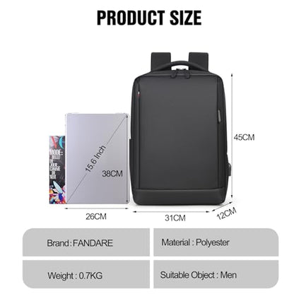 FANDARE 15.6 inch Business Laptop Rucksack Bag with USB Charging Port Mens Laptop Backpack Business Travel Rucksack Polyester Daypack with Luggage Strap Multi-Compartment for Work Commuter Black - color: Black
