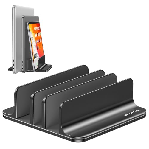 OMOTON Vertical Laptop Stand [Updated 3-Slots Version], Desktop Aluminum Mac Book Stand with Adjustable Dock Size, Fits All Mac Book, Surface, Chrome Book and Gaming Laptops (Up to 17.3 inch), Black - color: Three Slots-Black