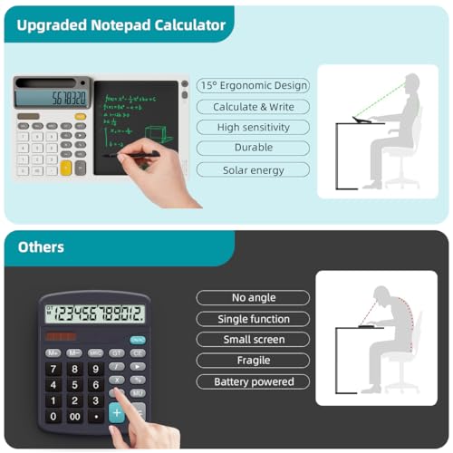 Solar Desk Calculator with 7.5 inc LCD Writing Membrane, 15° Tilt for Easy Reading, Integrated Phone Stand, Voice & Silent Modes, Anti-Slip Pads for Stability, Ideal for Office & Study Use