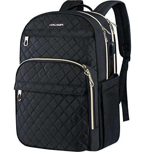 KROSER Laptop Backpack 15.6 Inch Stylish Daypack with USB Charging Port, Water-repellent Nylon Backpack Backpack for Travel/Business/Women/Black | Water-repellent fabric, multi-compartment,adjustable padded shoulder straps and luggage strap-Black - color:
