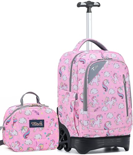 NEW TILAMI 18 Inch Rolling Backpack with Lunch Bag for Girls Boys School | 6-Wheel Stair-Climbing Girls Boys Carry-on Suitcase Water-Resistant Adjustable Trolley Handle Wheels School Travel Camping - color: Cute Pink Unicorn
