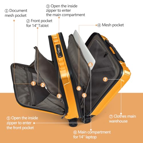 TydeCkare 16" Carry on Luggage with 2 Laptop Compartments, Lightweight Hardshell ABS+PC Suitcase with Dual Control TSA Lock, with YKK Zipper, 4 Spinner Silent Wheels, for Business Travel, Orange - color: Orange