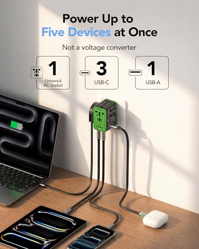 MFish 75W Universal Travel Adapter, 5-Port International Power Adapter with Retractable USB-C Cable, 3 USB-C & 1 USB-A + AC Outlet, Worldwide Wall Charger for MacBook, iPhone, iPad, EU/UK/US/AUS Black - color: Black
