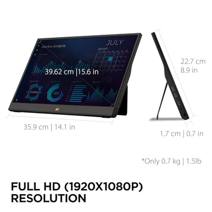 ViewSonic VA1655 15.6 Inch 1080p Portable Monitor, IPS Display with Eye Care for Comfortable Mobile Workspaces, Built-in Stand, 60W USB-C, Mini HDMI, and Protective Case - size: 16-Inch 60Hz