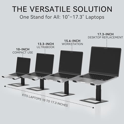 SOUNDANCE Adjustable Laptop Stand, Ergonomic Aluminum Riser for 10-17.3” Notebooks, Ventilated Metal Holder with Height Alignment for Desk Workspace, Black - color: Black