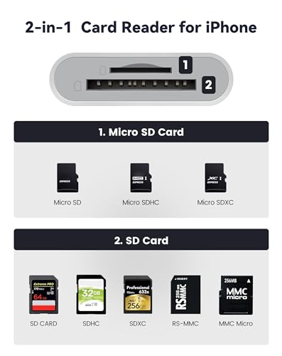 SD Card Reader for iPhone iPad, Dual Connector (Lightening&USB-C) Micro SD Memory Card Reader, 2 in 1 SD and TF Card Adapter Portable Trail Camera Viewer, No Driver Needed, Plug and Play - size: 2 Slots for (Lightning+USBC)