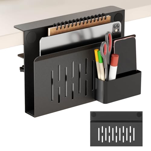 Onemake Desk Side Storage, No Drill Laptop Holder, Clamp on Desks Shelf with Magnetic Pen Holder, Hanging Desk Organizer for Home Office, Fits Flat Edge Tables 0.4" to 2.3" - color: Black-1 Tier-Stripe, size: 1 Tier