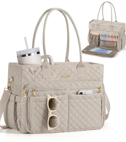 Bagstellar Teacher Tote Bag for Women, 15.6" Laptop Work Tote Computer Bag | Quilted Bible Nurse Bag with 40oz Cup Holder, Insulated Pocket & Strap, Large Laptop Briefcase for School Travel Office Gifts - color: Taupe