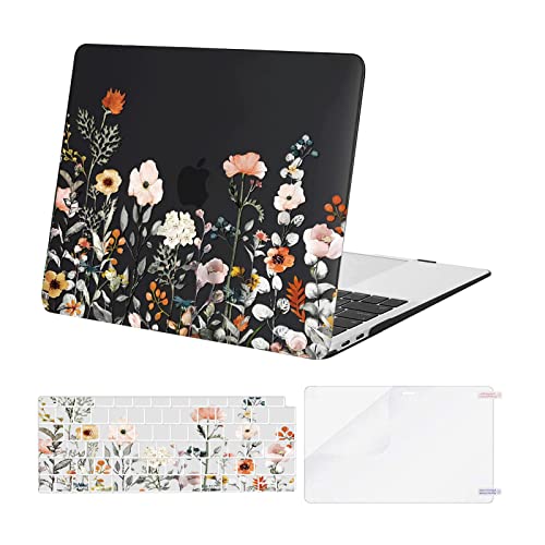 MOSISO Compatible with MacBook Air 13 inch Case M1 2022-2018, Black | Retina Display, Plastic Garden Flowers Hard Shell&Keyboard Cover&Screen Protector, Release A2337 M1 A2179 A1932 - color: Black