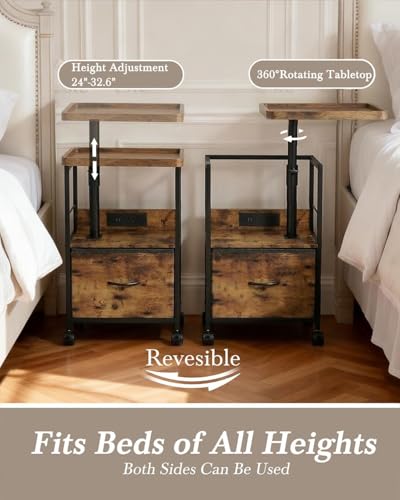 Faesun Swivel Lift Top Nightstand with Charging Station, Rolling Night Stand with Fabric Drawer, Adjustable Bedside Table for Bedroom, Living Room, Brown, Pro - color: 03 - Brown, size: 1 Drawer (Tray Top)