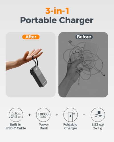 TESSAN Portable Charger Power Bank 10000mAh,3-in-1 Built in 30W USB C Cable | 2 USB C (1 Port & 1 Cable), 1 Foldable AC Wall Plug, Portable Charger, Travel Essentials for iPhone 17/16/15 Series, Samsung
