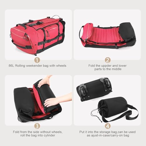 Rolling Duffle Bag with Wheels,86L 30”Carry on Luggage with Wheels,Folding Travel Bag,Duffle Backpack with Separate Shoe Compartment (Red) - color: Red