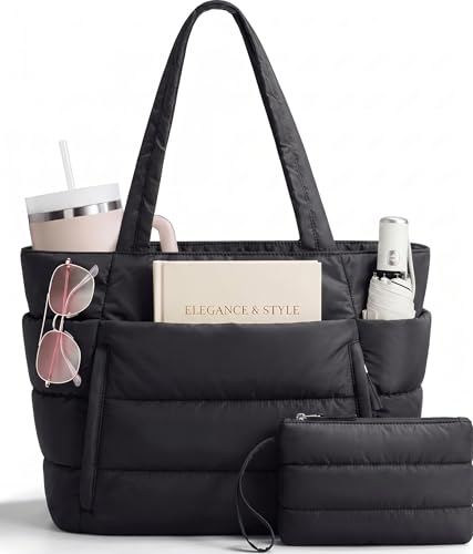 Puffer Tote Bag for Women, Nurse, Large Quilted Shoulder Bag with Cup Holder & Laptop Compartment for Work, Travel, Gym - color: Black