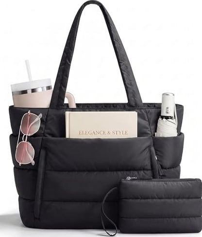 Puffer Tote Bag for Women, Nurse, Large Quilted Shoulder Bag with Cup Holder & Laptop Compartment for Work, Travel, Gym - color: Black