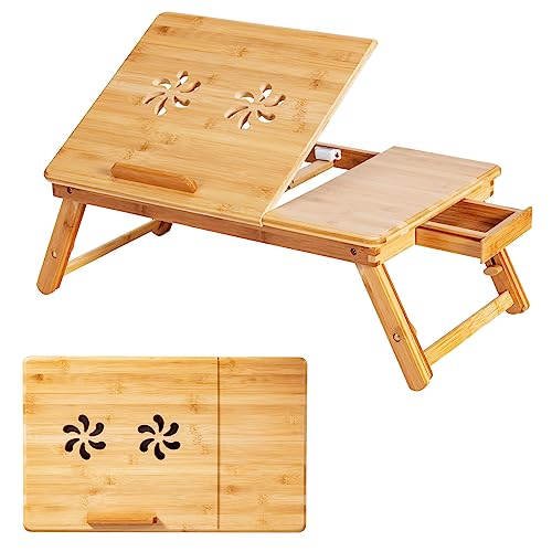 ReunionG Bamboo Laptop Desk with Drawer, Height Adjustable and 4-Level Tilting Desktop, Foldable and Portable Lap Tray with Heat-Dissipation Holes, Tray Table Stand for Surfing Reading Writing Eating