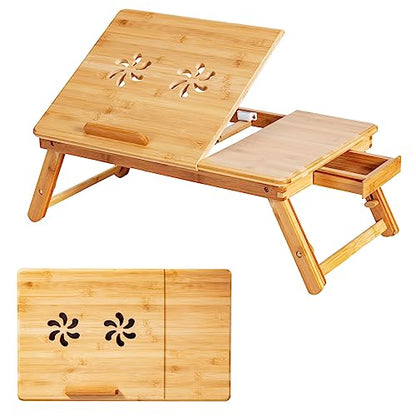 ReunionG Bamboo Laptop Desk with Drawer, Height Adjustable and 4-Level Tilting Desktop, Foldable and Portable Lap Tray with Heat-Dissipation Holes, Tray Table Stand for Surfing Reading Writing Eating