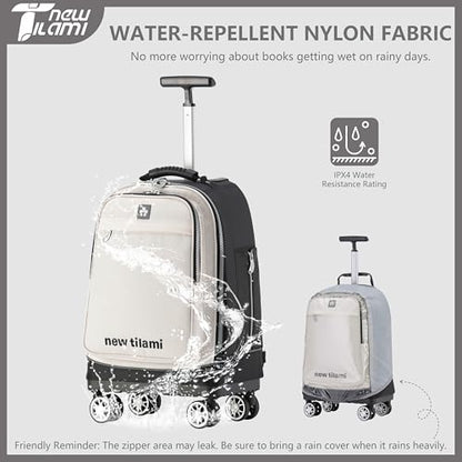 NEW TILAMI 19 Inch Rolling Backpack for School Travel with 4 Spinner Wheels | 360°rotating Universal Wheel, Large Organizer Compartments, Adjustable Handle, Carry on for School Students Business Travel - color: White