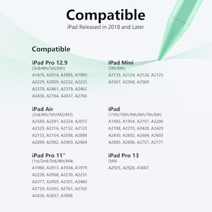 Stylus Pen for iPad 6-11th Gen 2X Fast Charge, Palm Rejection-Green | Tilt Sensitivity, USB-C Charge, Compatible with 2018-2026 Apple Pencil iPad Pro 11/12.9/13, Air 3/4/5/M2/M3/M4, mini 5/6/7 - color: green