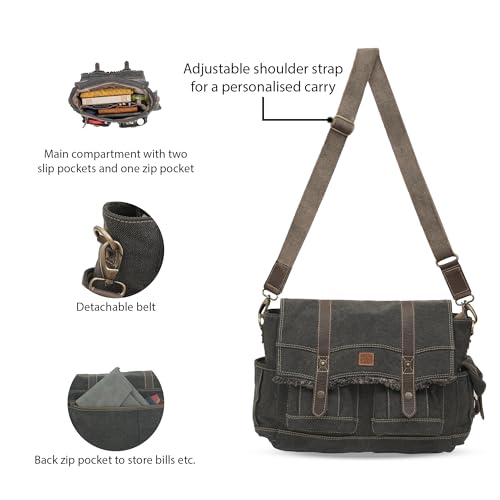 Easton Crossbody Messenger Bag | Denim Canvas Laptop Bag with Leather Accents | Multi Pocket Shoulder Bag - color: Charcoal