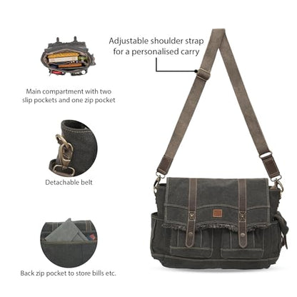 Easton Crossbody Messenger Bag | Denim Canvas Laptop Bag with Leather Accents | Multi Pocket Shoulder Bag - color: Charcoal