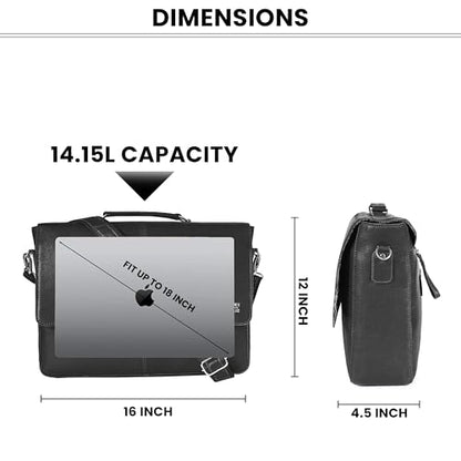 Leather Messenger Bag for Men & Women, 16'' Handmade Laptop Briefcase Satchel, Crossbody Shoulder Office Bag for Work, Travel - color: Black