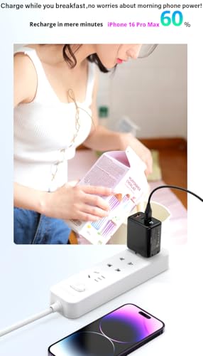 USB C Charger 65W, 3 Ports GaN Fast Charger Block, Compact Foldable Wall Charger with USB-C Cable for iPhone 16 Pro Max, iPad, MacBook Pro/Air,Galaxy S24,Dell XPS 13,Pixel 8 and More (Black) - color: Black